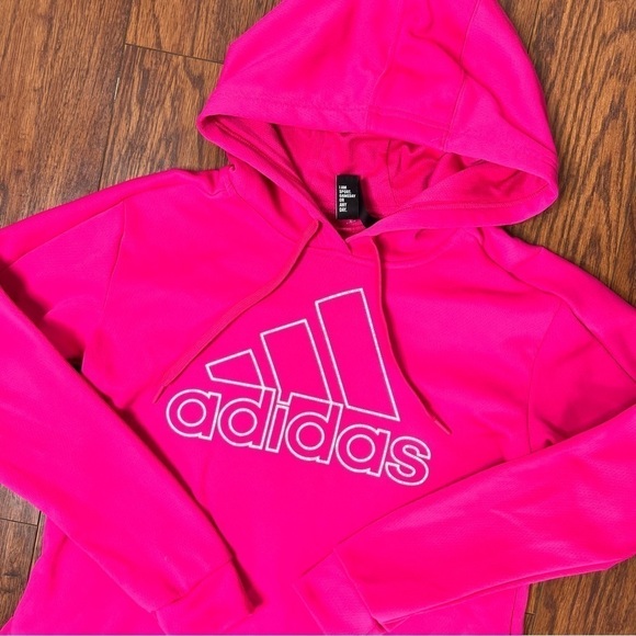 Adidas Bright Hot Pink Pullover Hooded Logo Fleece Lined Sweatshirt Size Small - Picture 12 of 16
